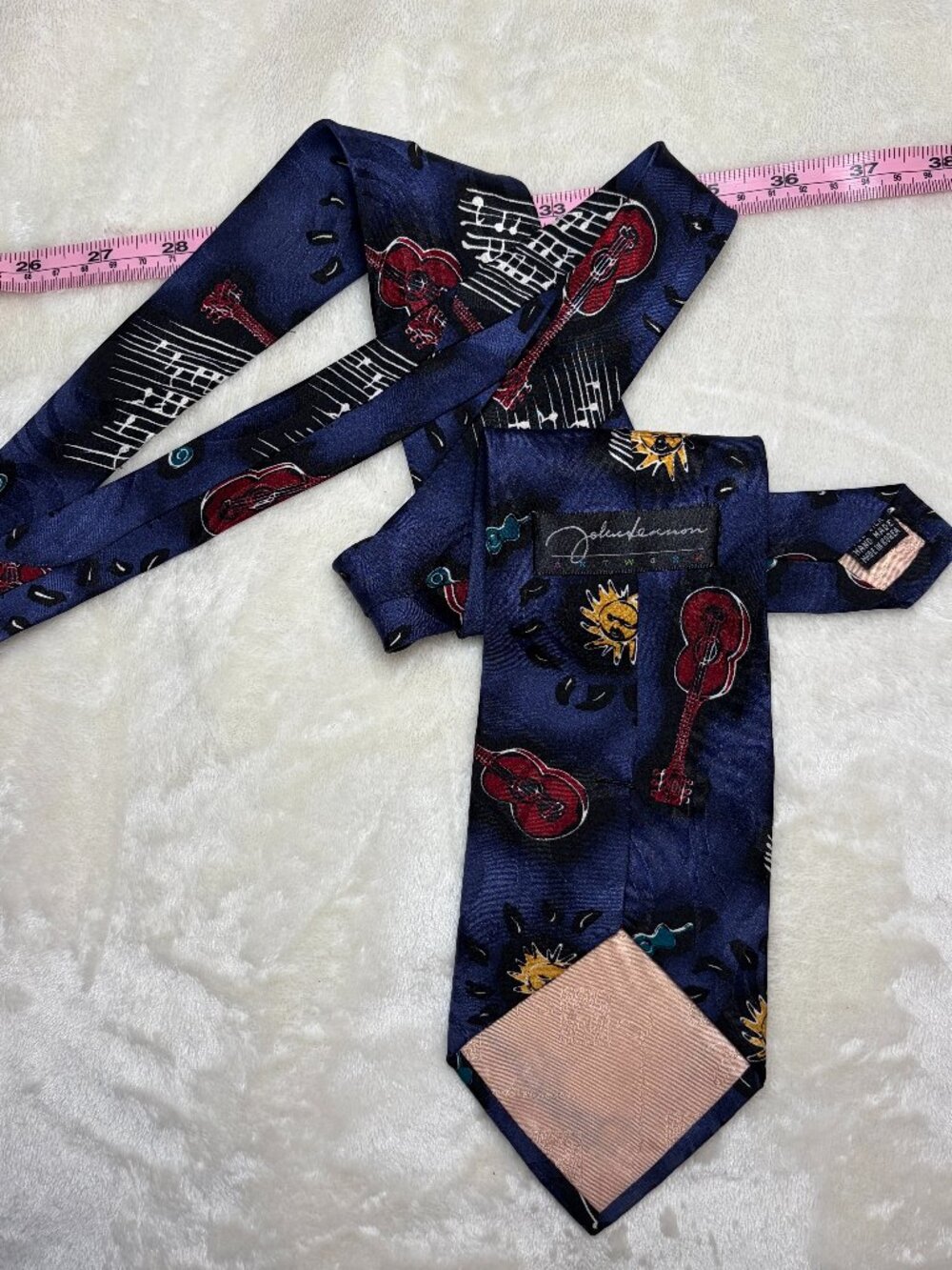 1996 John Lennon Artwork 100% Silk Vintage Tie Navy Blue Guitar Music Celestial